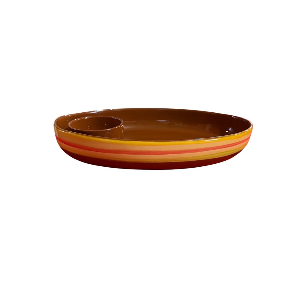 Sur La Table Ceramic Chip and Dip Platter Portugal‎ Brown Striped Chili Pepper